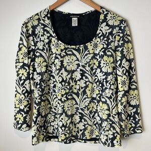 Vintage Y2K Euro Jones New York Black & Yellow Floral Scoop Neck Top w/ Sequins